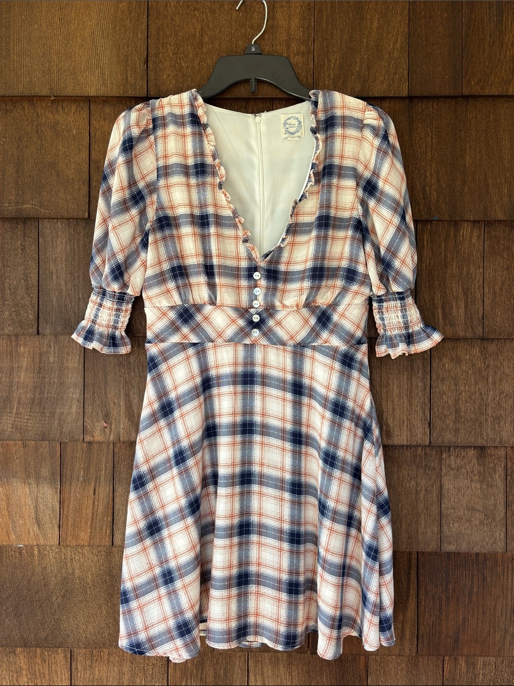 Plaid V-Neck Button Front Mini Dress in Navy & Cream
